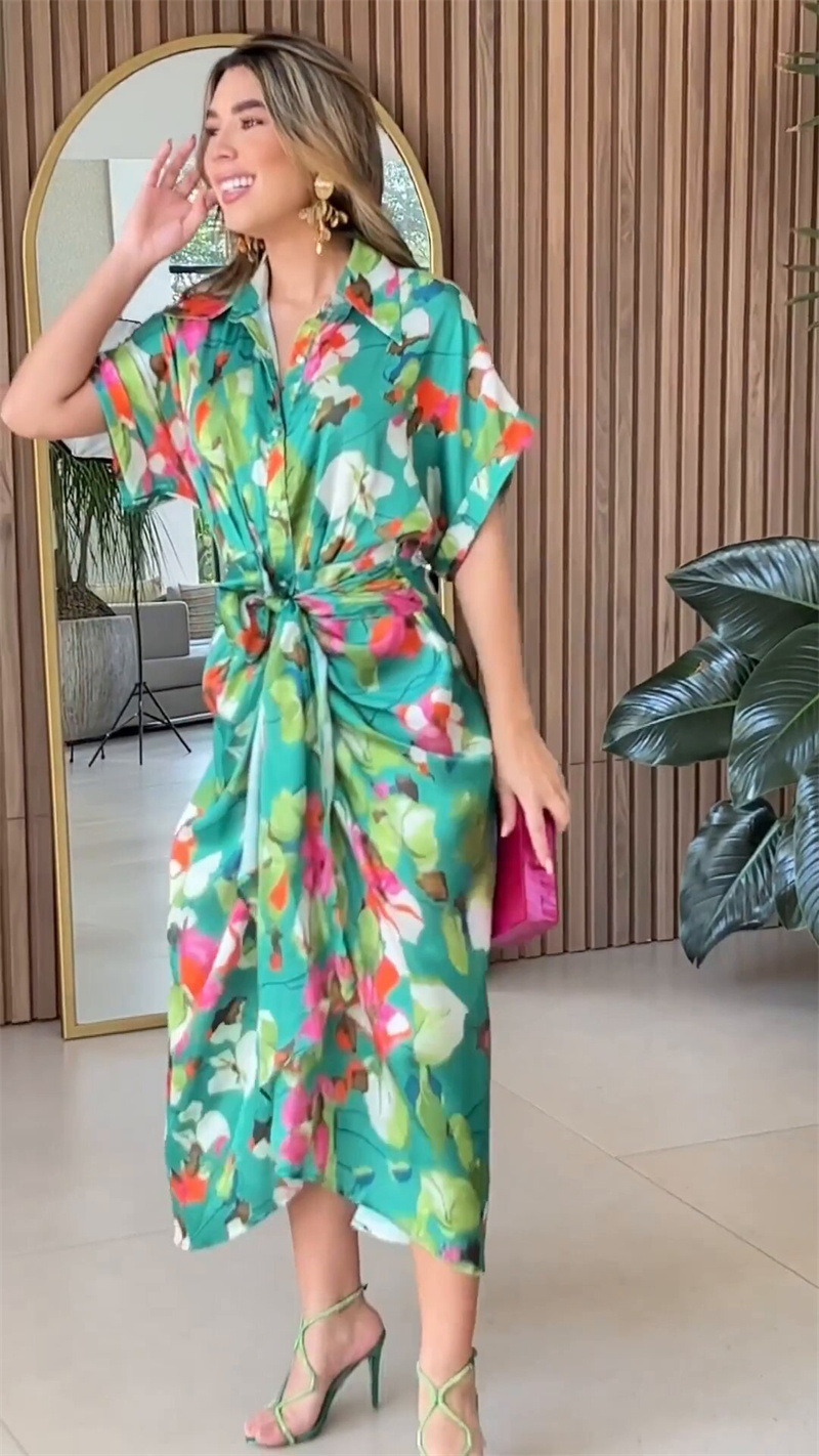 Polyester Fabric Type Wholesale Women's Elegant Printing Flower Daily Shirt Collar Short Sleeve Regular Dress