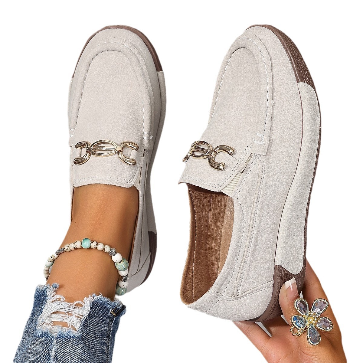 Stor størrelse Le Fu for kvinner 2024 høst nye flatbunnet rund tå metallspenne myk såle enkeltsko for kvinner_voghion.com