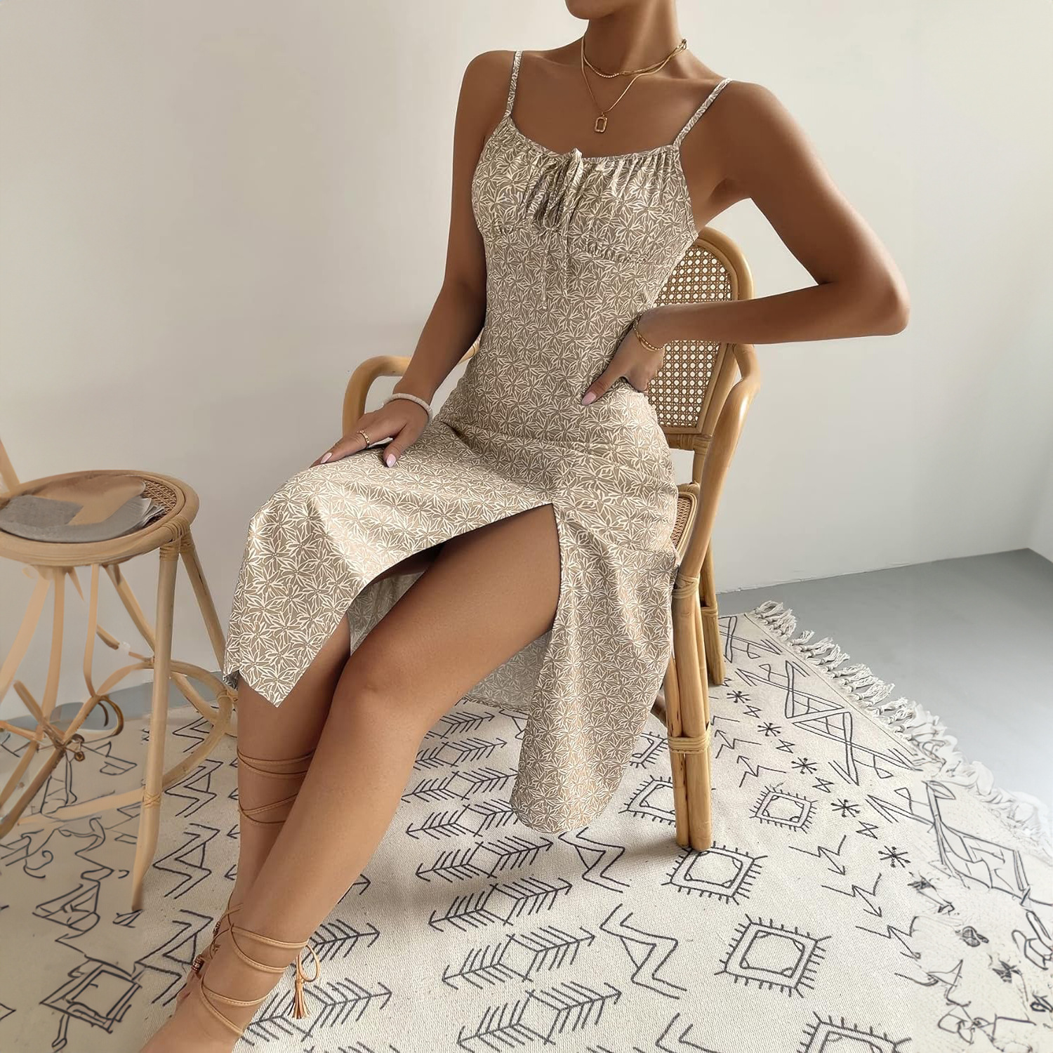 Summer Printed Pleated Backless Self Tie Slit Dress Women