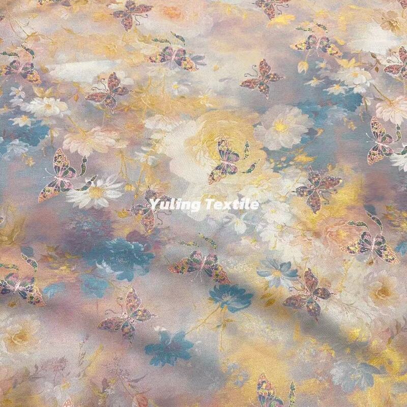Gold and Blue Contrasting Color Butterfly Irregular Flowy Style Wool and Silk Jacquard Fabric for High-End Clothing Design Gold and Blue Contrasting Color Butterfly Irregular Flowy Style Wool and Silk Jacquard Fabric for High-End Clothing Design