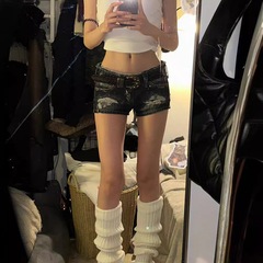 美式y2k大码水洗做旧破洞牛仔短裤女辣妹低腰修身显瘦包臀a字热裤