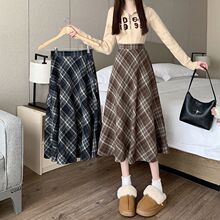 大码毛呢格子半身裙秋冬格子裙半身高腰a字裙冬天半身长裙冬季裙