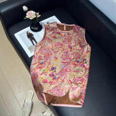 新しい中国風の香りの雲糸レーヨンベストトップス、女性用、新しいレトロな国民風ラウンドネックミッドレングスベスト、女性用
