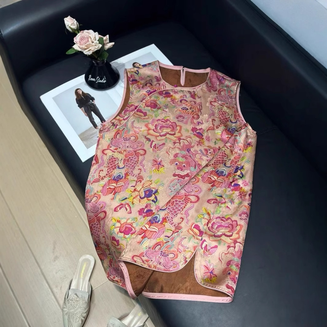 신상 중국풍 샹윈사 레이온 조끼 여성용 레트로 스타일 라운드넥 중간 길이 조끼