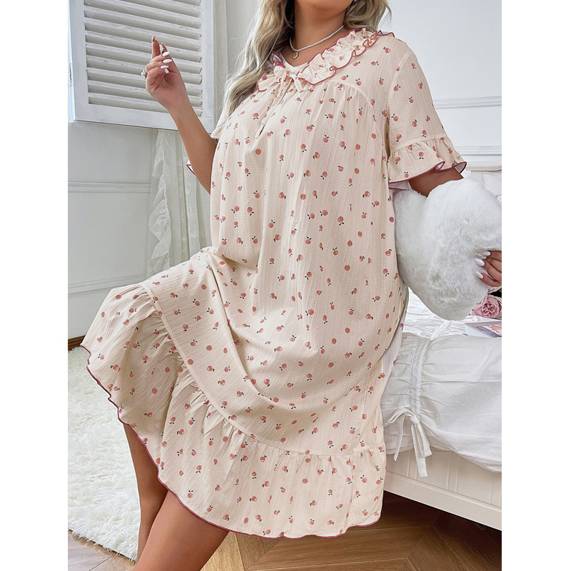 European and American Lace-Up Doll Collar Dress Pajamas for Women Spring and Summer New Floral High-End Loose Plus Size Home Wear