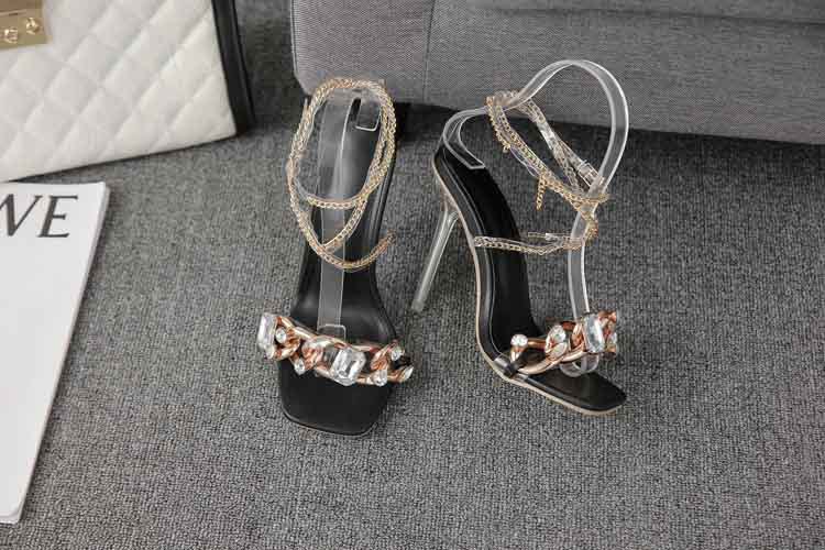 rhinestone one-word square toe cross chain high heel sandals NSGXL132446