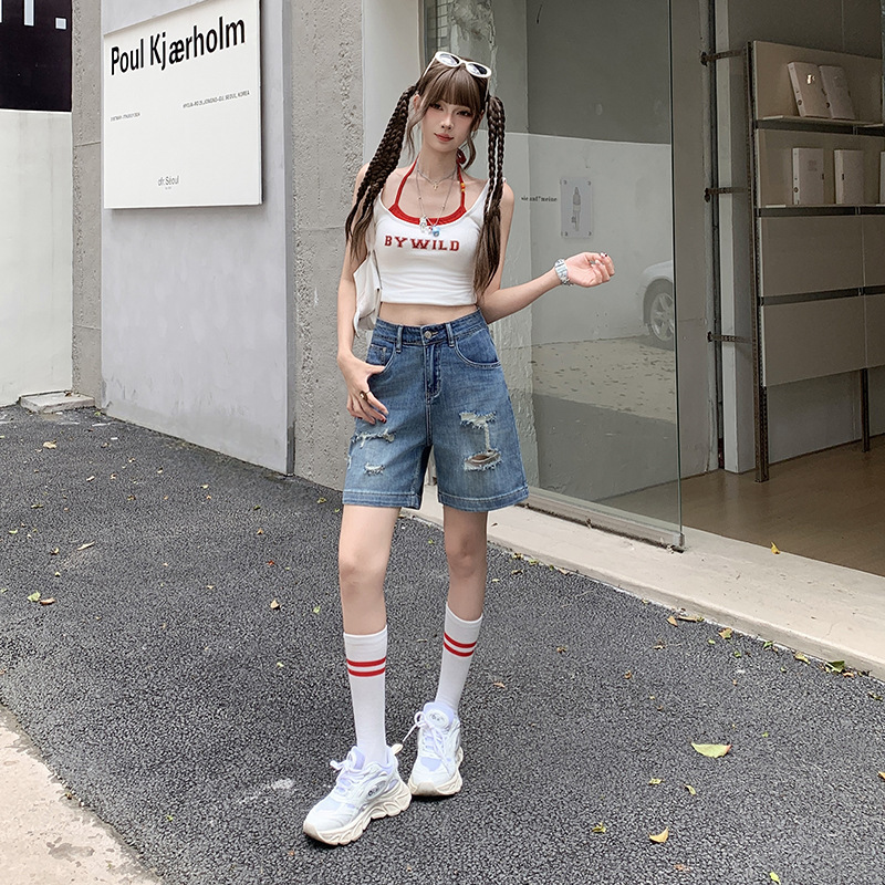 Summer Stretch Ripped Retro Jeans for Women, Loose Slimming Casual Wide-Leg Mid-Length Pants, Retro Blue