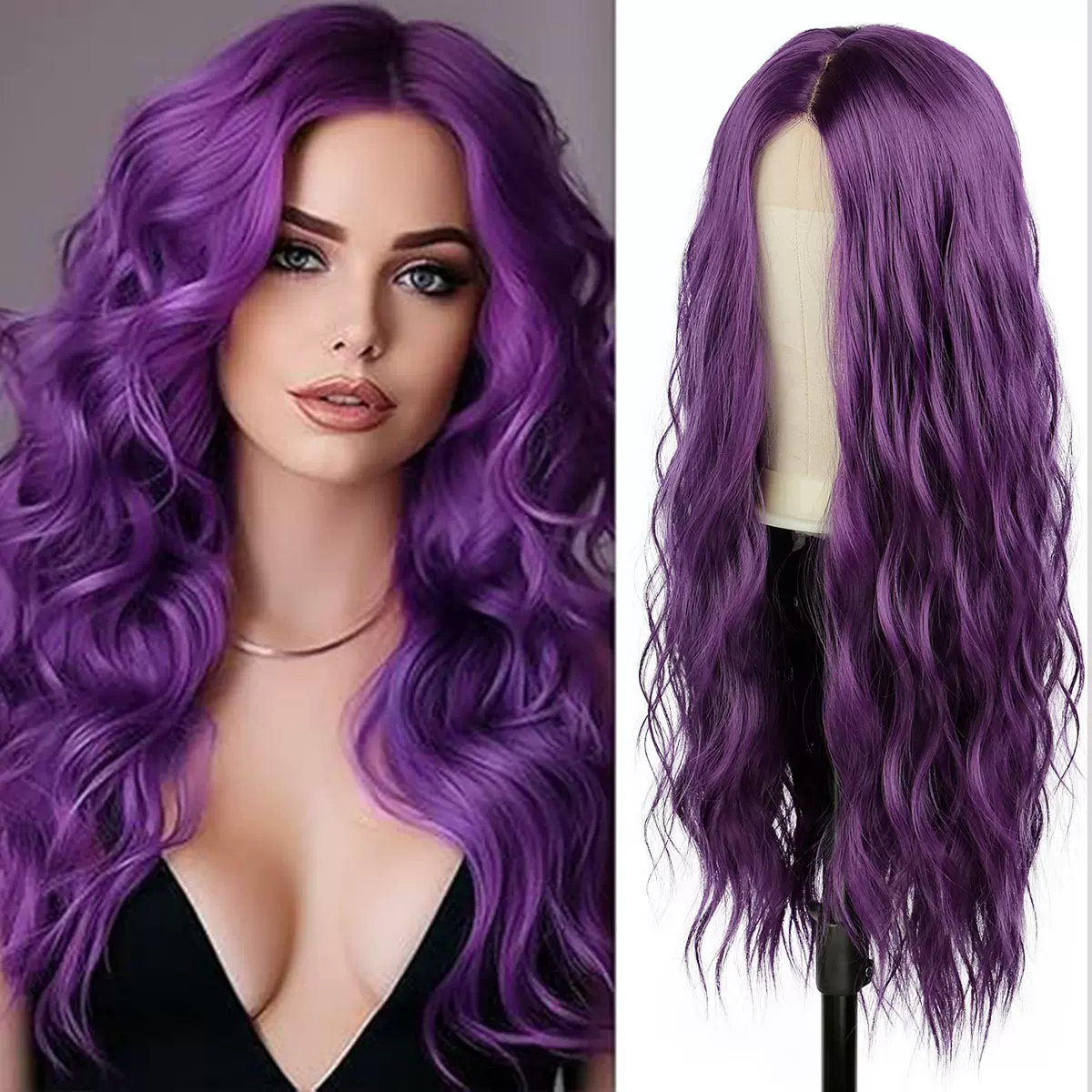 厂家批发跨境化纤高温丝外贸假发女全头套葡萄紫长卷发wig4*4蕾丝