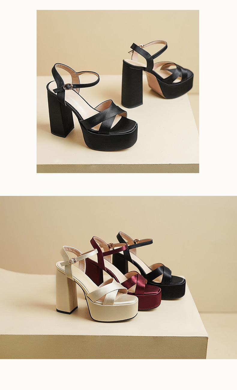 Sandal cao gót nữ hở mũi quai ngang khóa, gót dày 12 cm, phong cách Âu Mỹ — đen chi tiết 5