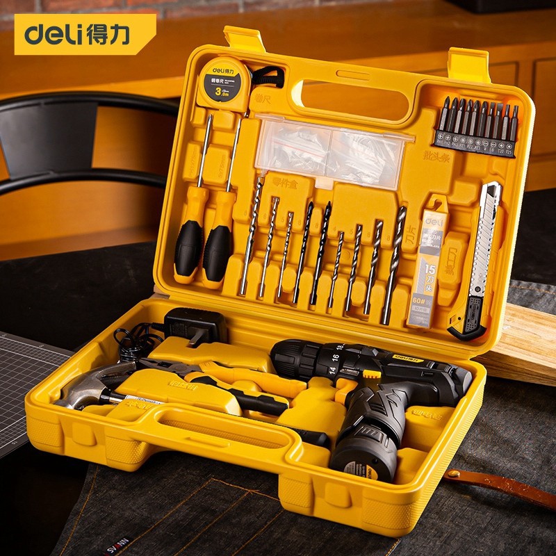得力12V锂电钻手电钻工具箱套装螺丝批电动螺丝刀起子家用手枪钻