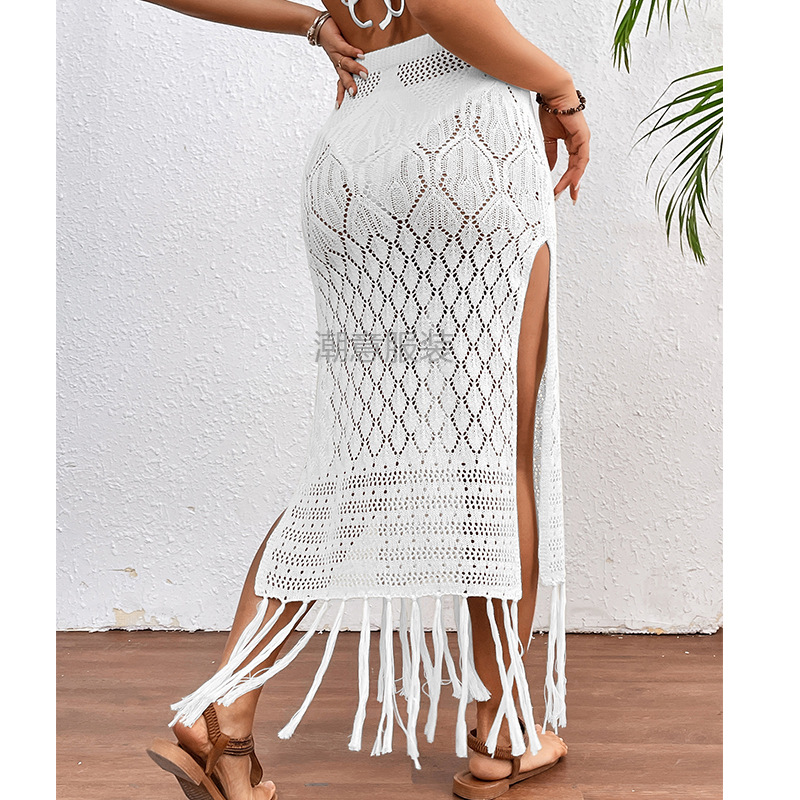 Nueva moda europea y americana transfronteriza, falda de textura sexy con borlas de abertura alta, falda bikini de vacaciones en la playa