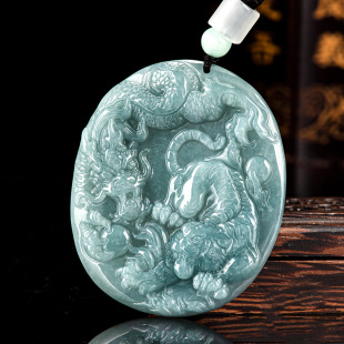 Natural A Goods Jade Blue Water Crouching Tiger Hidden Dragon Pendant Ice Jade Pendant Zodiac Dragon Tiger Men's and Women's Jade Pei