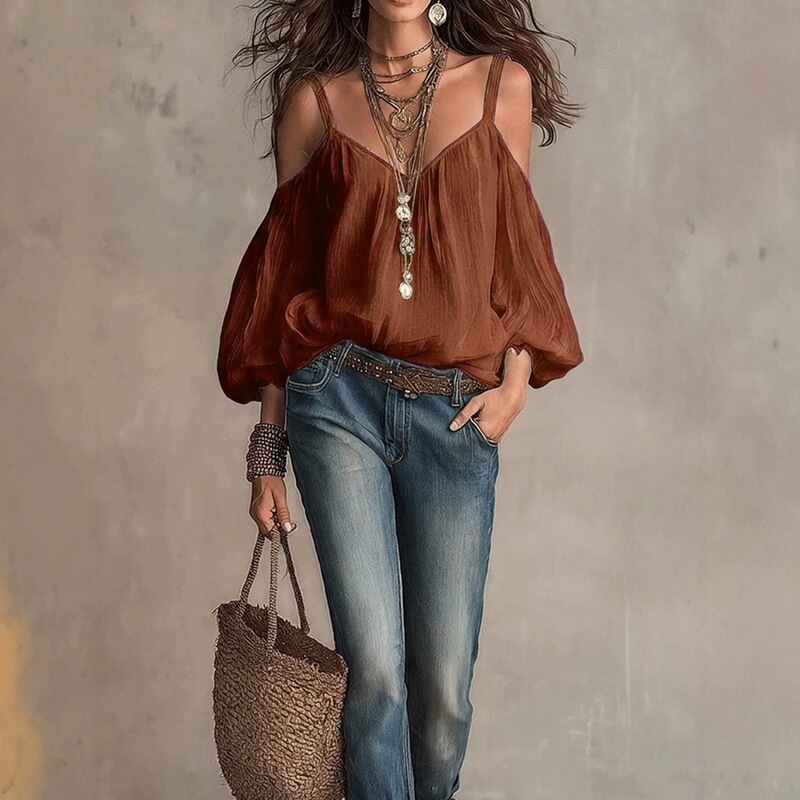 2026 European and American cross-border summer new solid color loose top for women, off-shoulder, strapless, puff sleeve, vacation style shirt