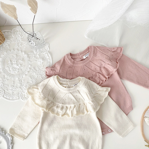 Cutemily Infant Knitted Romper Baby Girl Spring Autumn Long Sleeve Triangle Hooded Jumpsuit 