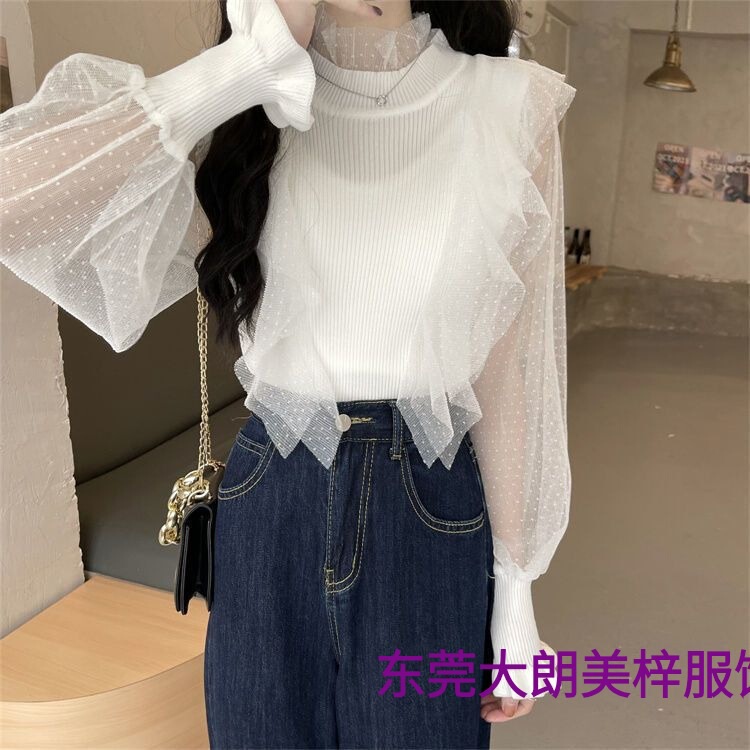 Puff Sleeve Knitwear, Super Fairy Design, Niche and Chic French Style Mesh Splicing Chic Top, Sweet and Spicy