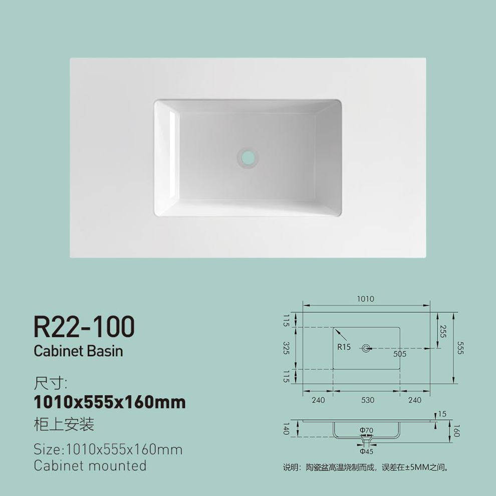 Lavabo de borde fino brillante, lavabo individual, lavabo integrado de cerámica, lavabo con sensación de piel, las esquinas del lavabo sobre encimera del baño se pueden cortar