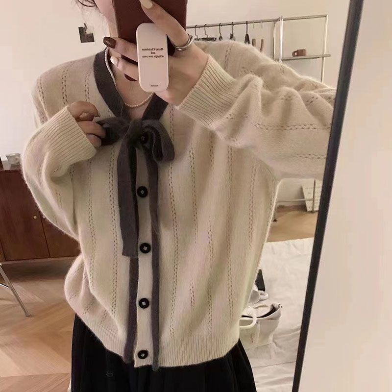 蝴蝶结浣熊绒毛衣外套女秋冬季慵懒风设计感小众上衣针织开衫加厚
