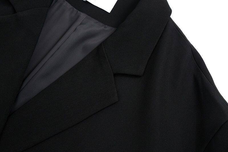 Áo blazer nữ dáng rộng cổ vest tay dài phong cách thanh lịch — quần kaki, đen, Bông đen, Kaki và bông chi tiết 5