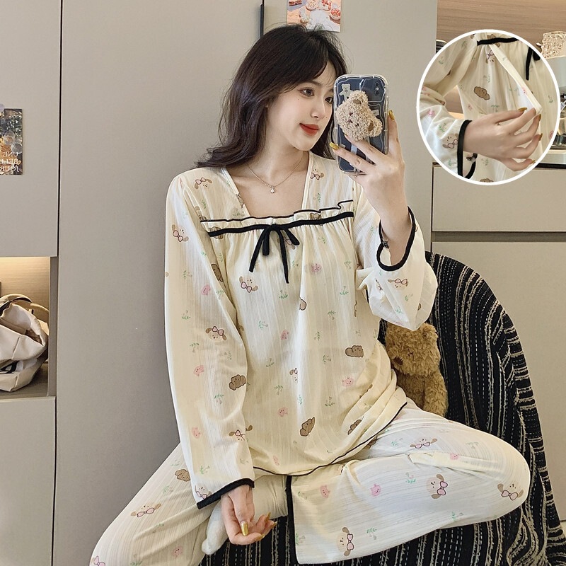 New spring and autumn maternity pajamas, cute square-neck Korean style, suitable for breastfeeding, postpartum clothing, long-sleeved home wear set with long pants New spring and autumn maternity pajamas, cute square-neck Korean style, suitable for breastfeeding, postpartum clothing, long-sleeved home wear set with long pants