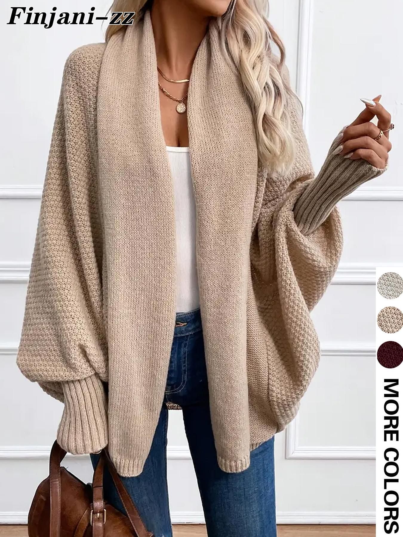 Damen-Strickcardigan in großen Größen – Eleganter, langärmeliger Pullover mit offener Vorderseite, halbhohem Kragen, Polyestergemisch, geeignet für Freizeit und Büro_voghion.com