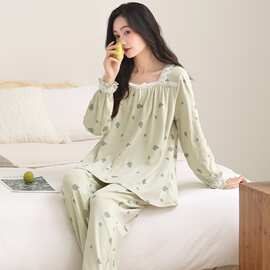 春秋新款棉拉架女长袖长裤套头睡衣公主风甜美休闲女家居服图片色
