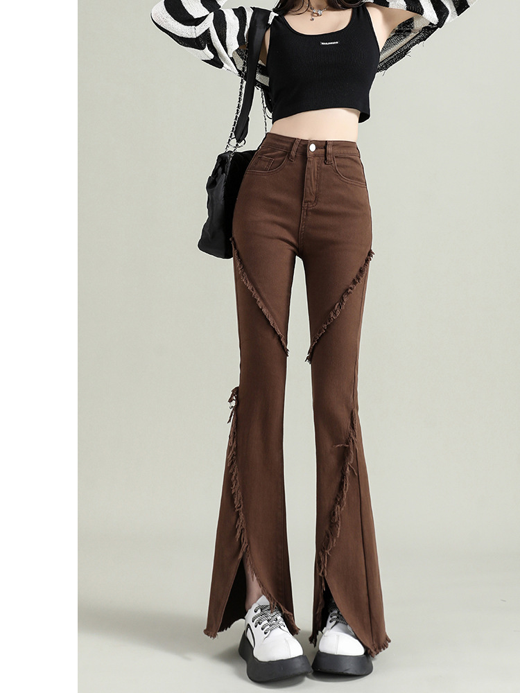Brown Flared Jeans for Women, Spring and Autumn 2023 New Design with Tassels, High-Waisted, Slimming, Split, Floor-Length Pants