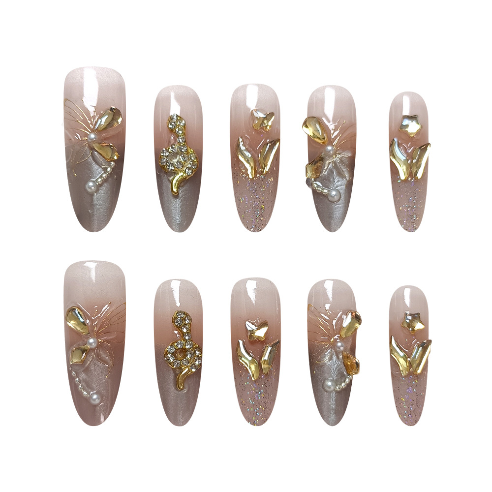 10 piezas de decoración de uñas con diseño de serpiente dorada, pegatinas de uñas con diamantes de imitación a la moda, uñas postizas de alta gama con efecto ojo de gato hechas a mano.