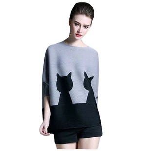 2023 Spring New Women's Crewneck Loose Stitching Cat Women's Mid-Sleeve Stretch Printed Top