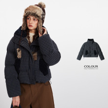 HeyHenry 2025冬季韩版格子短款棉衣外套女立领加厚加绒面包服