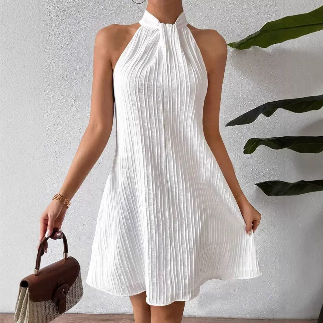 2025春夏新款欧美跨境亚马逊女挂脖连衣裙压褶垂感交叉短裙