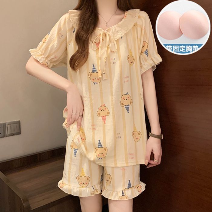 Pijamas con almohadilla fija para el pecho para mujer verano nuevo traje de manga corta de algodón de nube estilo coreano suelto, dulce y lindo servicio a domicilio