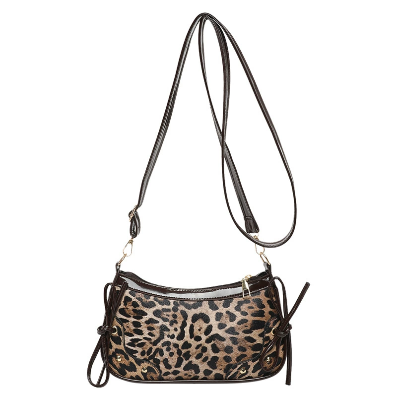 Shoulder bag retro small with bow, leopard-pattern panel, faux-leather trim, 23.5×5×13 cm