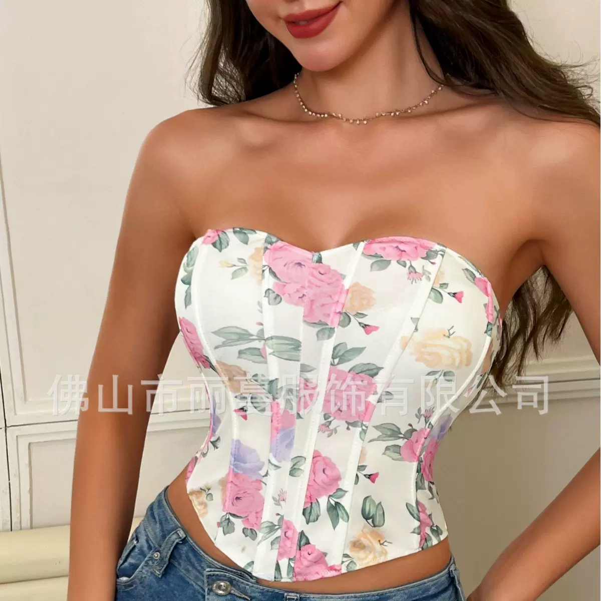 跨境欧美速卖通性感文胸辣妹V露背印花抹胸修身鱼骨束腰小背心