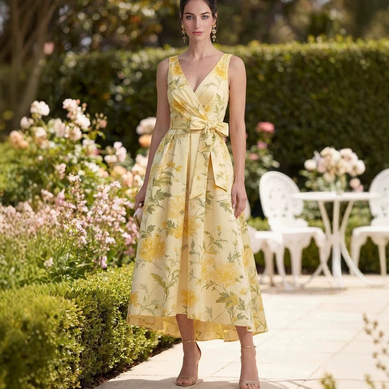 European and American foreign trade summer women's floral print V-neck pleated A-line long wedding guest dress