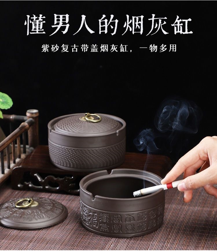 Purple clay ashtray with lid to prevent ash from flying, medium-sized ceramic, for living room and office, smoke extinguishing device, vintage home decor item N4