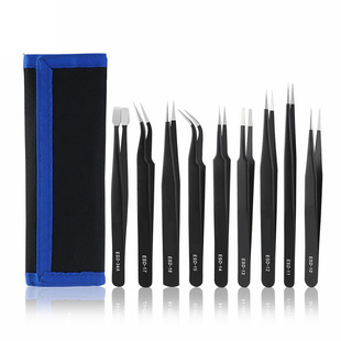 9-piece canvas bag tweezers set ESD anti-static pointed elbow pick hair grafting eyelash removal machine repair tool