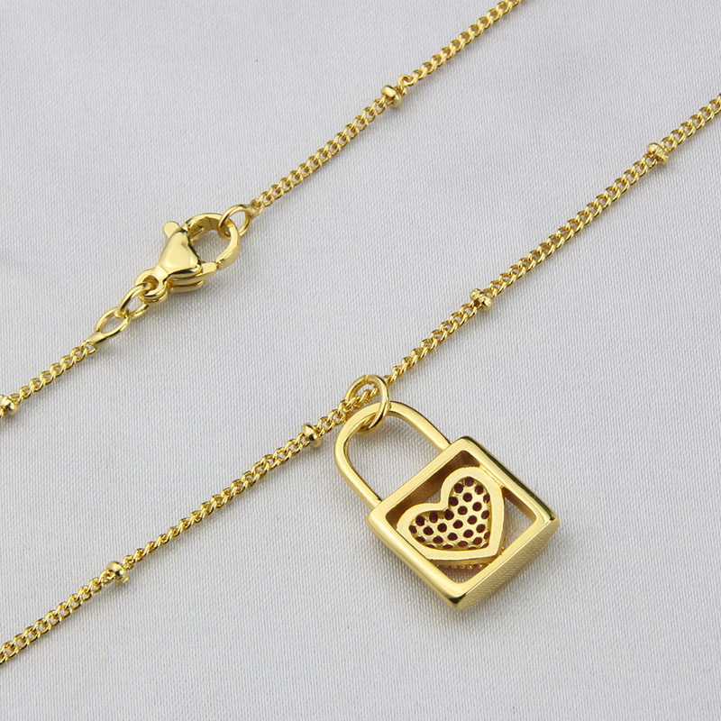 American new inlaid zirconium heart-shaped lock copper necklace