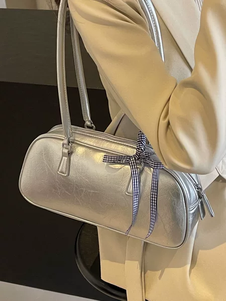 Foreign Trade Cross-Border Women's Bag 2026 New Trendy Fashion Bowling Handbag Versatile Silver Shoulder Underarm Bag
