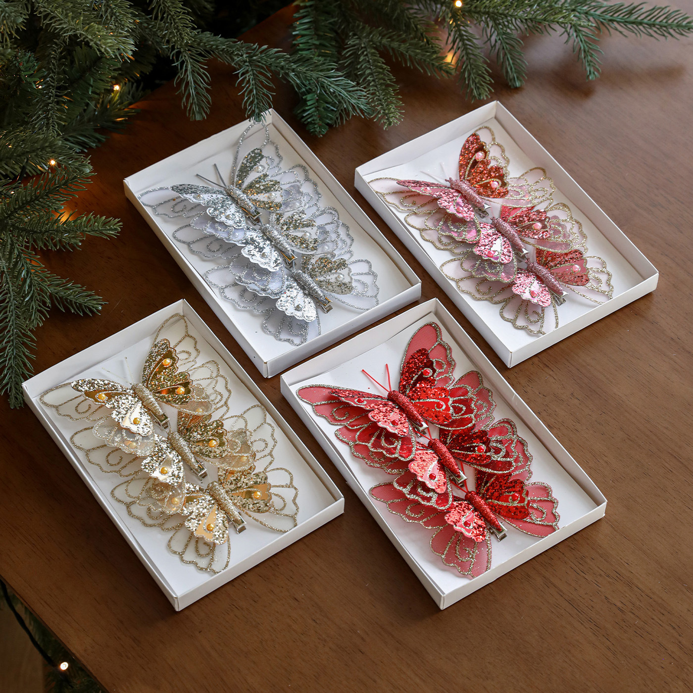 Nuevos productos de decoración de Navidad mariposa árbol de Navidad clip colgante polvo flash de malla de simulación colgante vacío decoración en stock