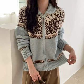 毛衣上衣女费尔岛提花拉链翻领针织开衫外套秋冬新款时尚百搭洋气