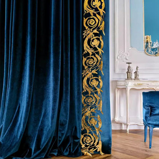 High-End Sapphire Blue Gold Embroidered French Villa Retro Light Luxury Living Room European High-End American Curtains Luxury