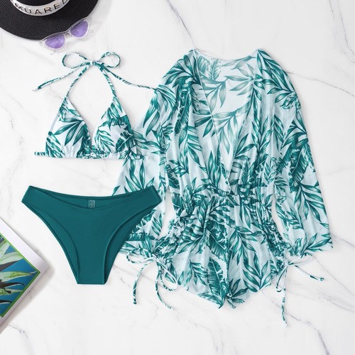 New cross-border European and American bikini three-piece swimsuit for women, Amazon loose-fitting sexy mesh split swimsuit for women