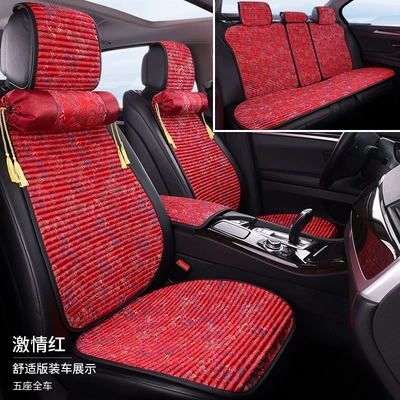 All Seasons, Linen Seat Cushion, Seat cushion, seat cover - passion-red-embroidered-full-set-for-5-seater-car-2-neck-pillows-comfort-edition