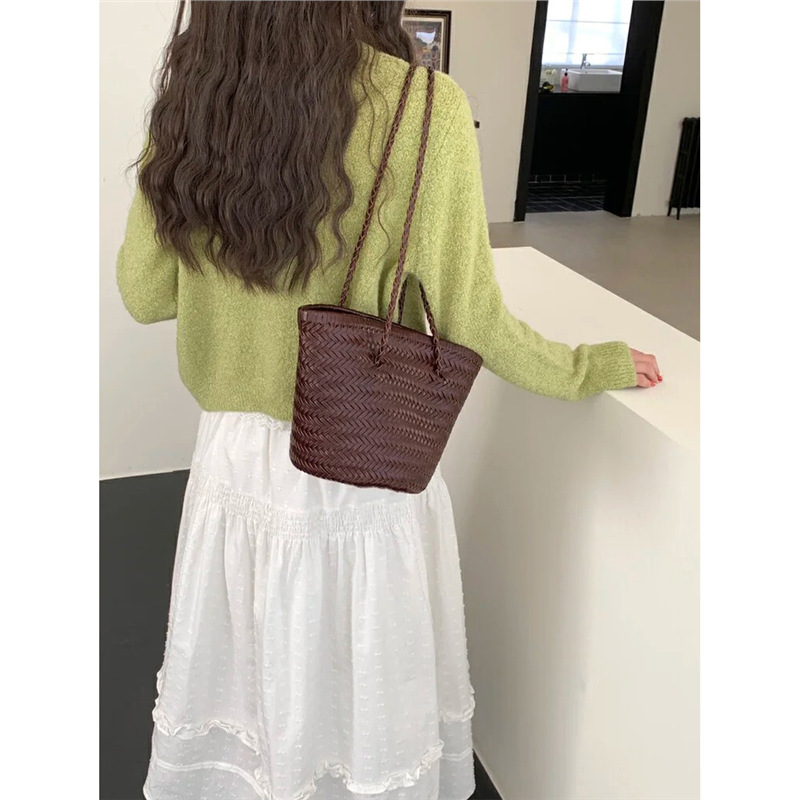 Genuine Leather Hand-Woven Basket Bag For Women - Luxury Vintage Artistic Shoulder Bag, Large Capacity Vacation Style Tote - Thumbnail 6