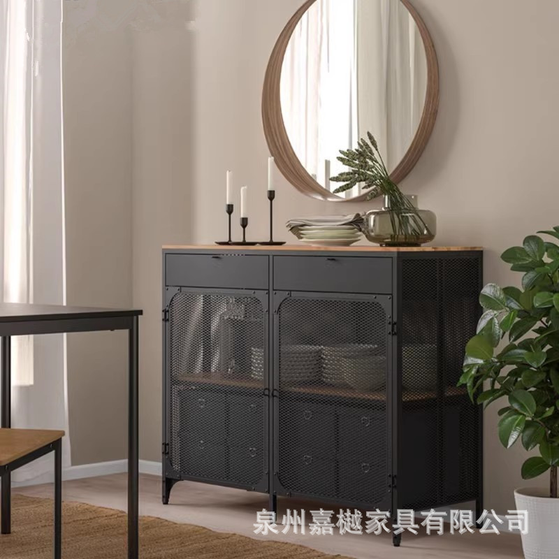 美式工业风铁艺餐边柜 镂空置物柜简约现代储物柜 玄关柜收纳碗柜