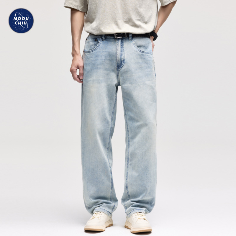 Muqiu Men's Wear | Lyocell Blend Tencel Stretch Cool-Feel Jeans for Men in Blue High-End Light-Colored Trousers