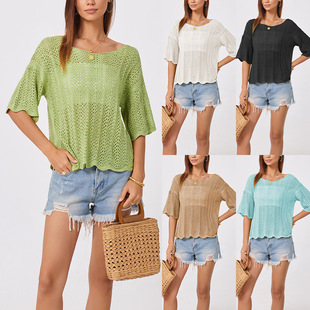 2024 Amazon Temu Cross-Border Summer European and American New Round Neck Cut Out Loose Large Size Knitwear Cross-Border Women's Clothing