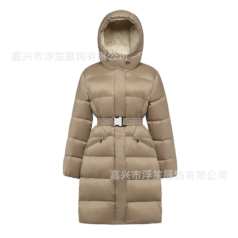 2025 New Winter Women's Mid-Length Belted Slim Waist Hooded Jacket down Coat