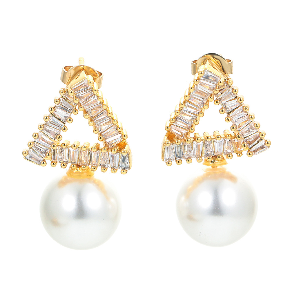 Zircon Triangle Pearl Long Simple Personality Pearl Earrings display picture 1