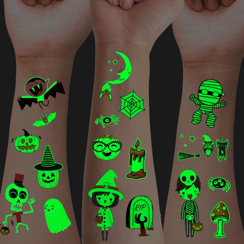 Children's Tattoo Sticker Luminous Halloween Cartoon Boys and Girls Waterproof Luminous Temporary Face Sticker Cross Border in stock